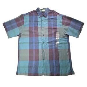 Geoffrey Beene Linen Blend Button Up Shirt Mens Sz L Blue Multi SS Split Hem NWT